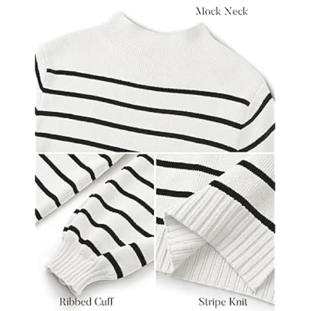 MIROL Mujer Mock Neck Striped Dress Long Puff Sleeve Side Slit Knit Sweater Sz L - Picture 6 of 14